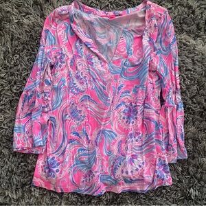 Lilly Pulitzer Pink and Blue Graphic 3/4 Sleeve Blouse
